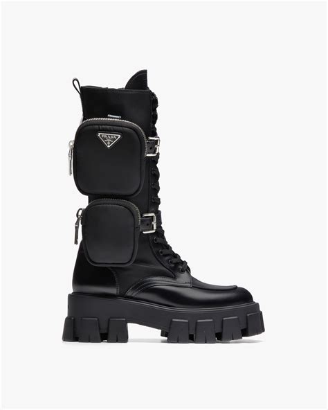 prada monolith brushed rois leather and nylon boots|Prada monolith gabardine boots.